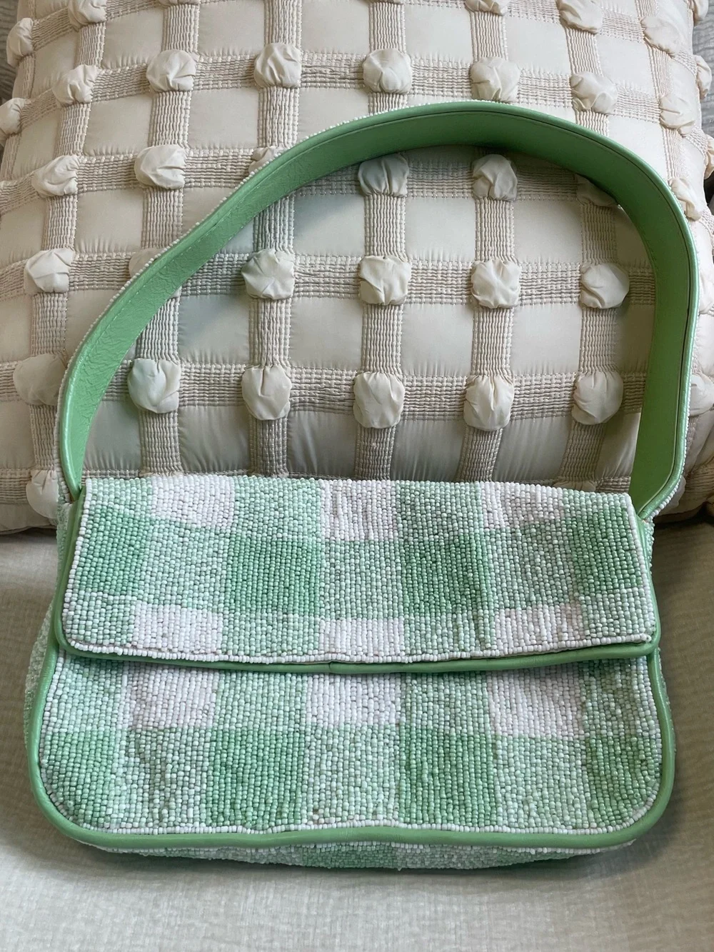 STAUD Green and White Checkered Beaded Shoulder Bag